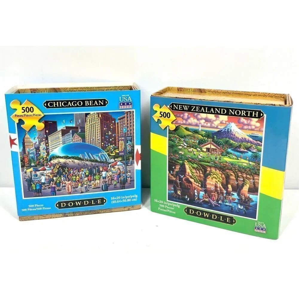 Dowdle Folk Art Jigsaw Puzzles Chicago Bean 500 pc & New Zealand North 500 pc